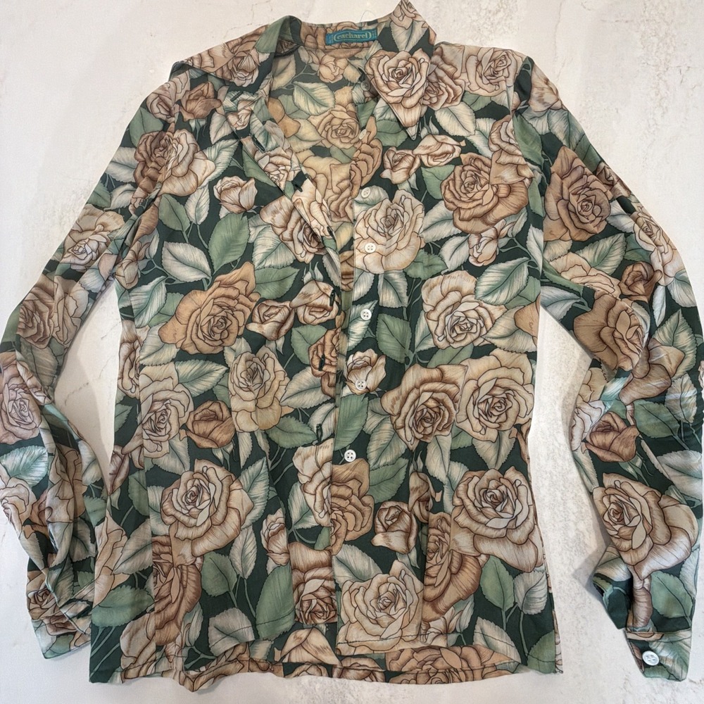 Cacharel Paris Roses Silk Blouse Button Front Vintage 70s Top Small